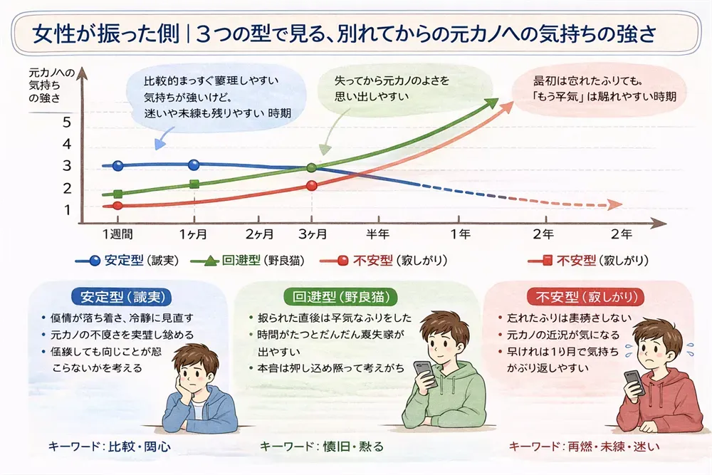 【図解：男性が振られた側（女性が振った）】復縁までの冷却期間の目安