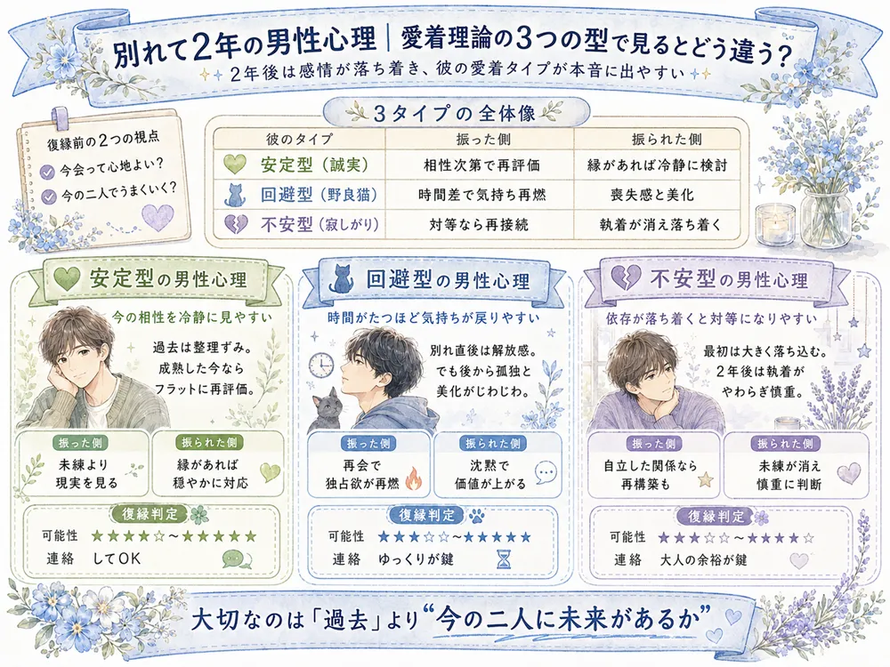 別れて2年の男性心理｜愛着理論の3つの型で見るとどう違うのか？